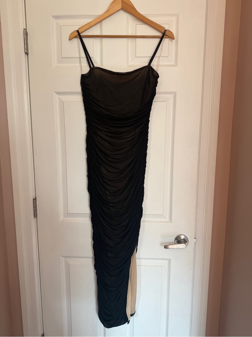 privy Black Ruched Maxi Slip Dress with Spaghetti Straps